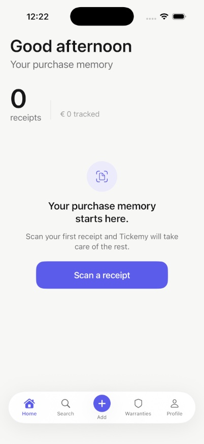 Tickemy Home screen: Good afternoon — Your purchase memory, with a Scan a receipt button