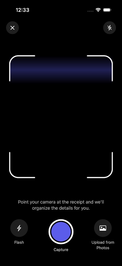 Tickemy Scan Receipt screen with camera frame, Flash, Capture and Upload from Photos