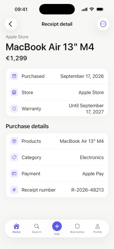 Tickemy receipt detail for a MacBook Air purchased at Apple Store